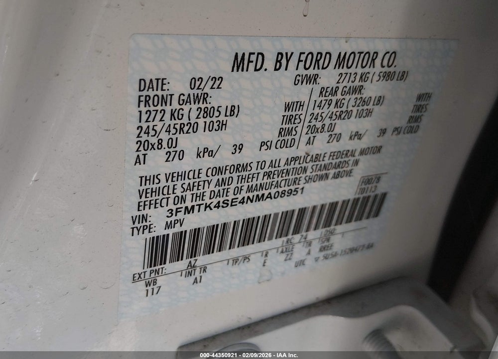 2022 FORD MUSTANG MACH-E GT VIN: 3FMTK4SE4NMA08951