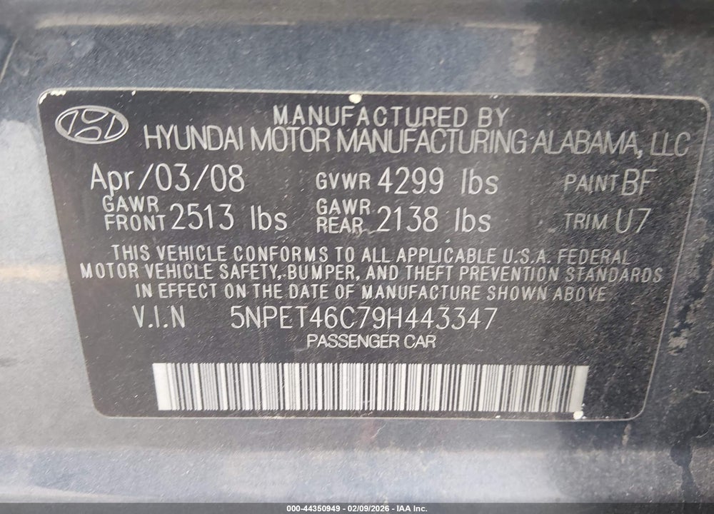 2009 HYUNDAI SONATA GLS VIN: 5NPET46C79H443347