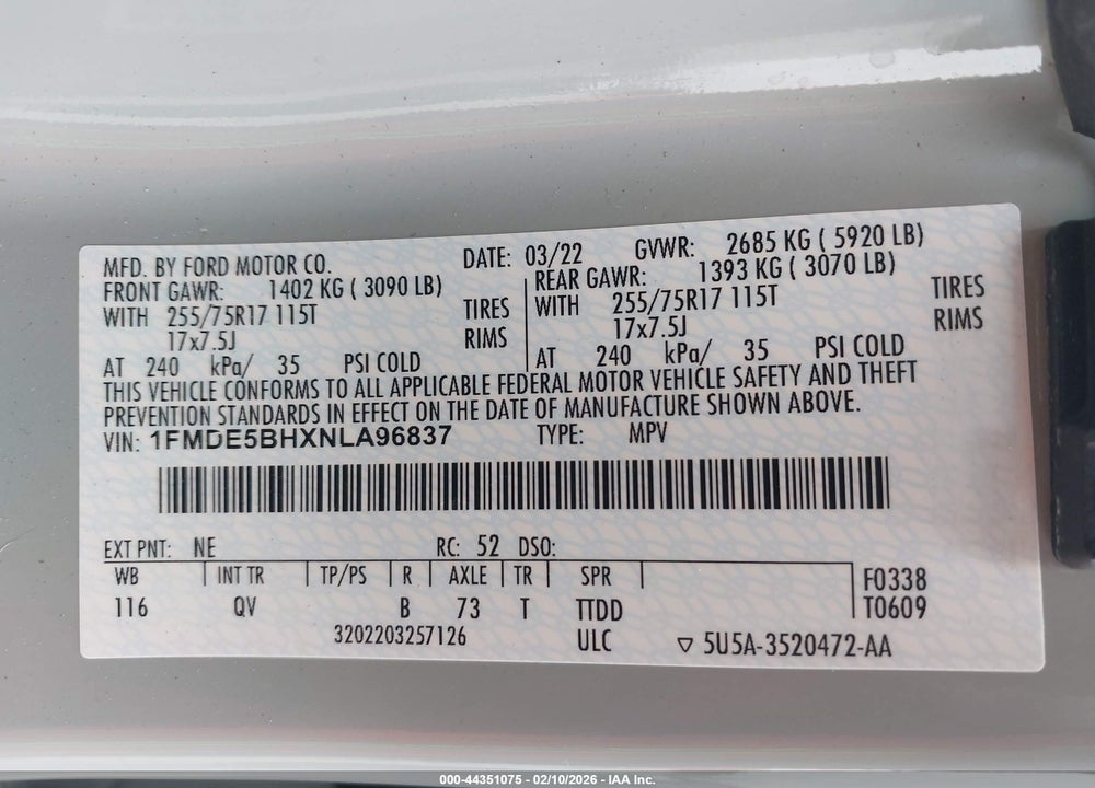 2022 FORD BRONCO BIG BEND VIN: 1FMDE5BHXNLA96837