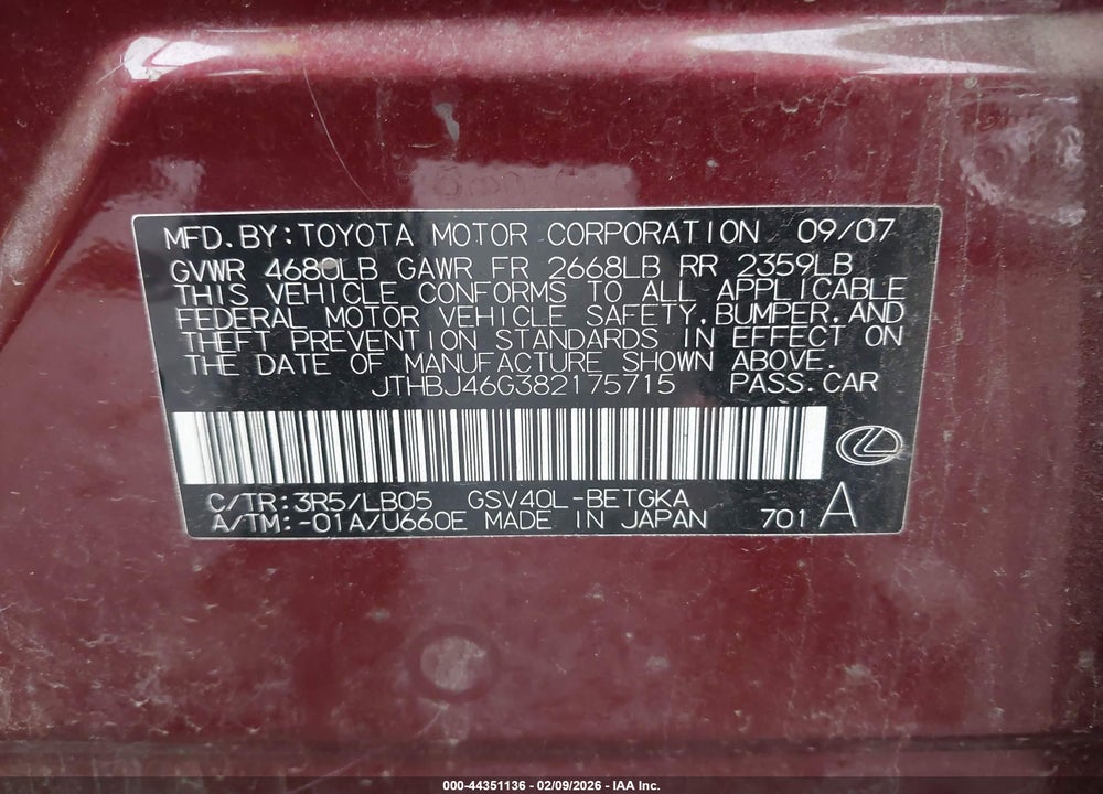 2008 LEXUS ES 350 VIN: JTHBJ46G382175715