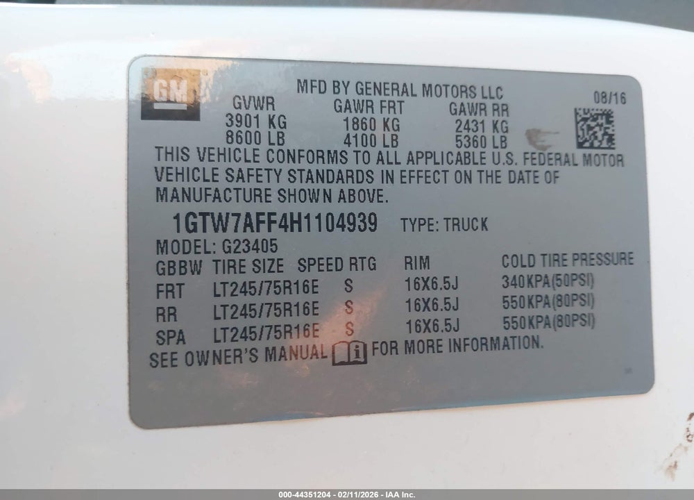 2017 GMC SAVANA 2500 WORK VAN VIN: 1GTW7AFF4H1104939