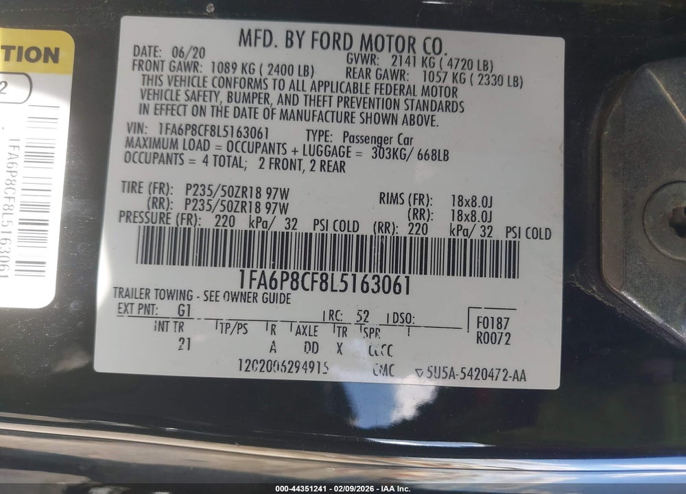2020 FORD MUSTANG GT FASTBACK VIN: 1FA6P8CF8L5163061