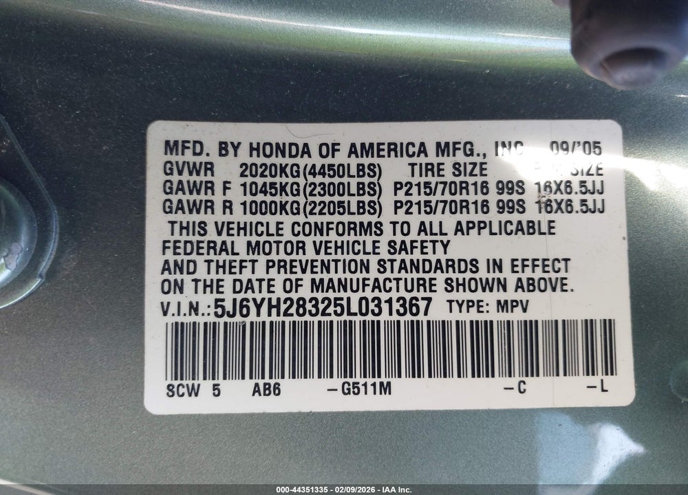 2005 HONDA ELEMENT LX VIN: 5J6YH28325L031367