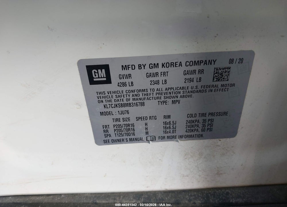 2021 CHEVROLET TRAX FWD LS VIN: KL7CJKSB8MB316788