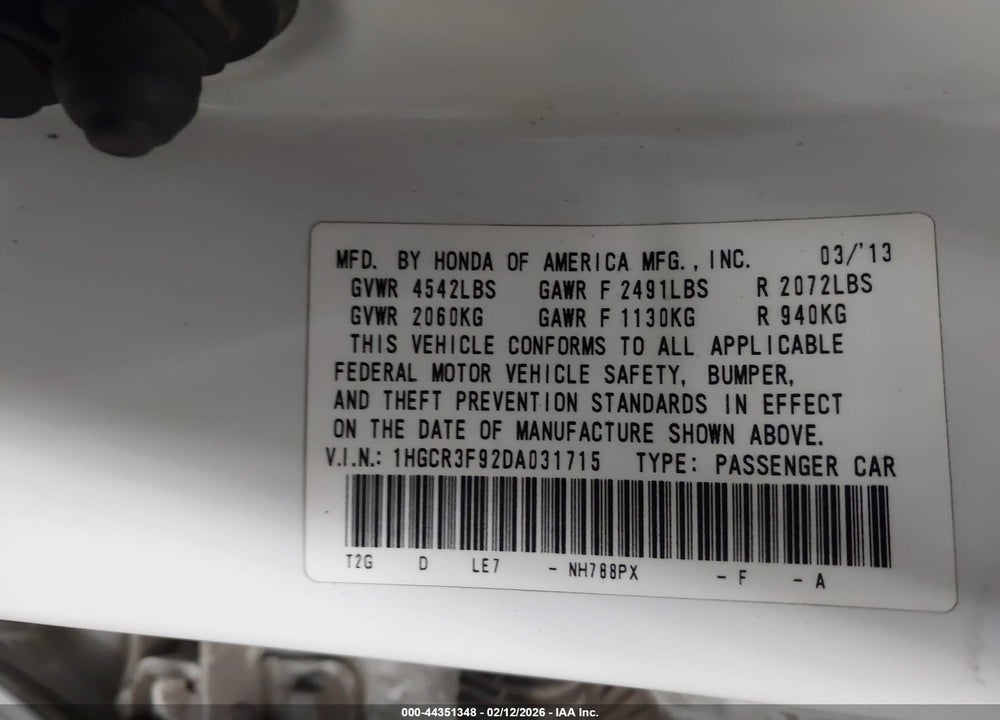 2013 HONDA ACCORD TOURING VIN: 1HGCR3F92DA031715