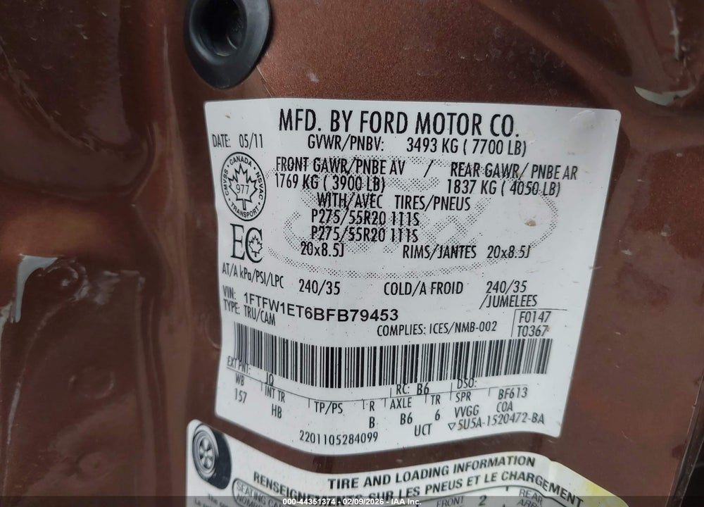 2011 FORD F-150 LARIAT VIN: 1FTFW1ET6BFB79453