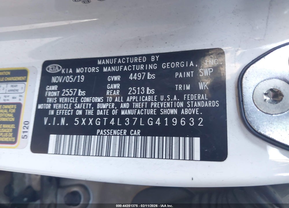 2020 KIA OPTIMA LX VIN: 5XXGT4L37LG419632