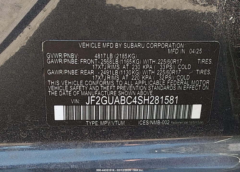2025 SUBARU CROSSTREK VIN: JF2GUABC4SH281581