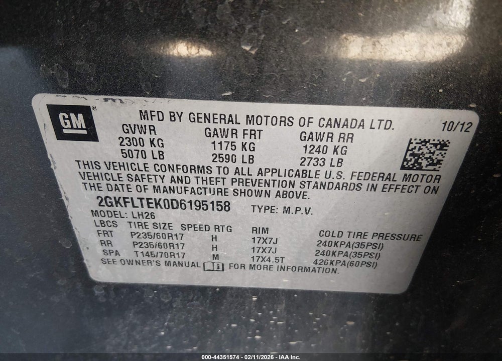 2013 GMC TERRAIN SLE-2 VIN: 2GKFLTEK0D6195158