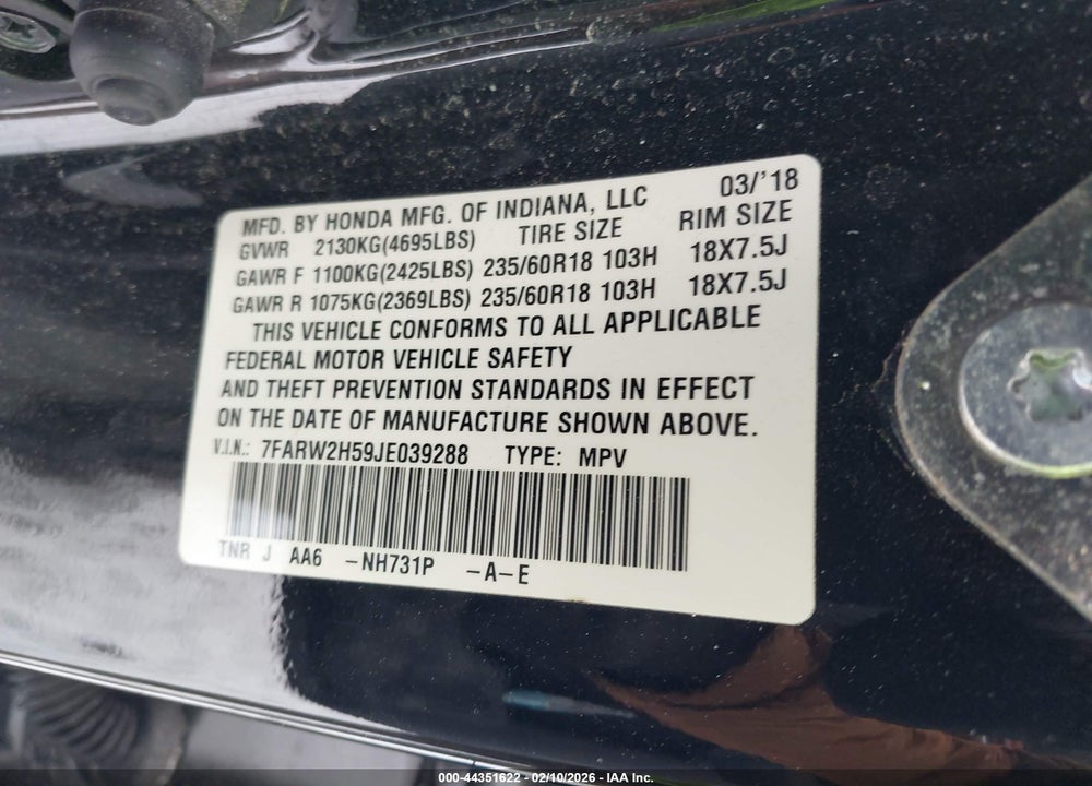 2018 HONDA CR-V EX VIN: 7FARW2H59JE039288