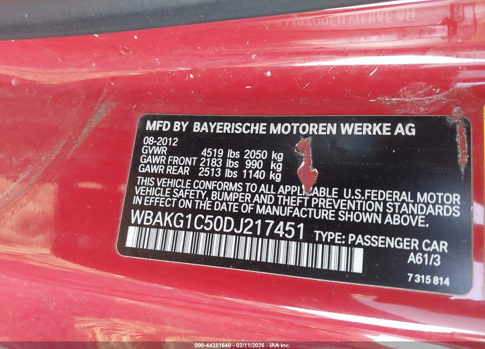 2013 BMW 335IS VIN: WBAKG1C50DJ217451