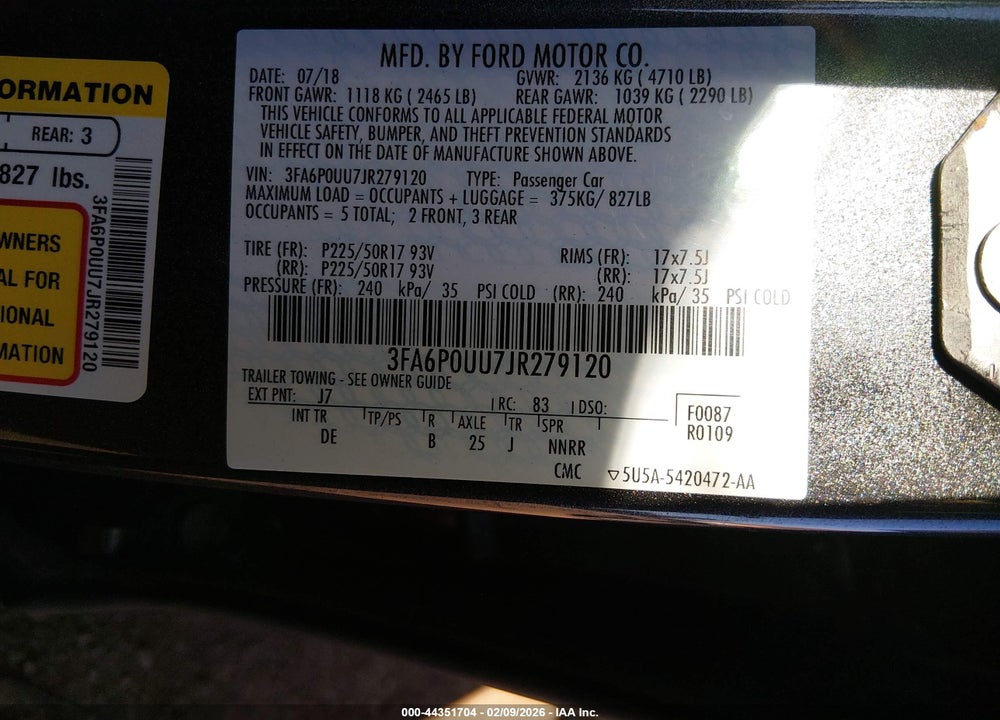 2018 FORD FUSION HYBRID S VIN: 3FA6P0UU7JR279120
