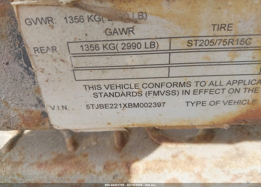 2011 AMERICAN TRAILER MANUFACT OTHER VIN: 5TJBE221XBM002397