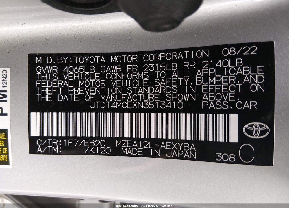 2022 TOYOTA COROLLA XSE VIN: JTDT4MCEXN3513410