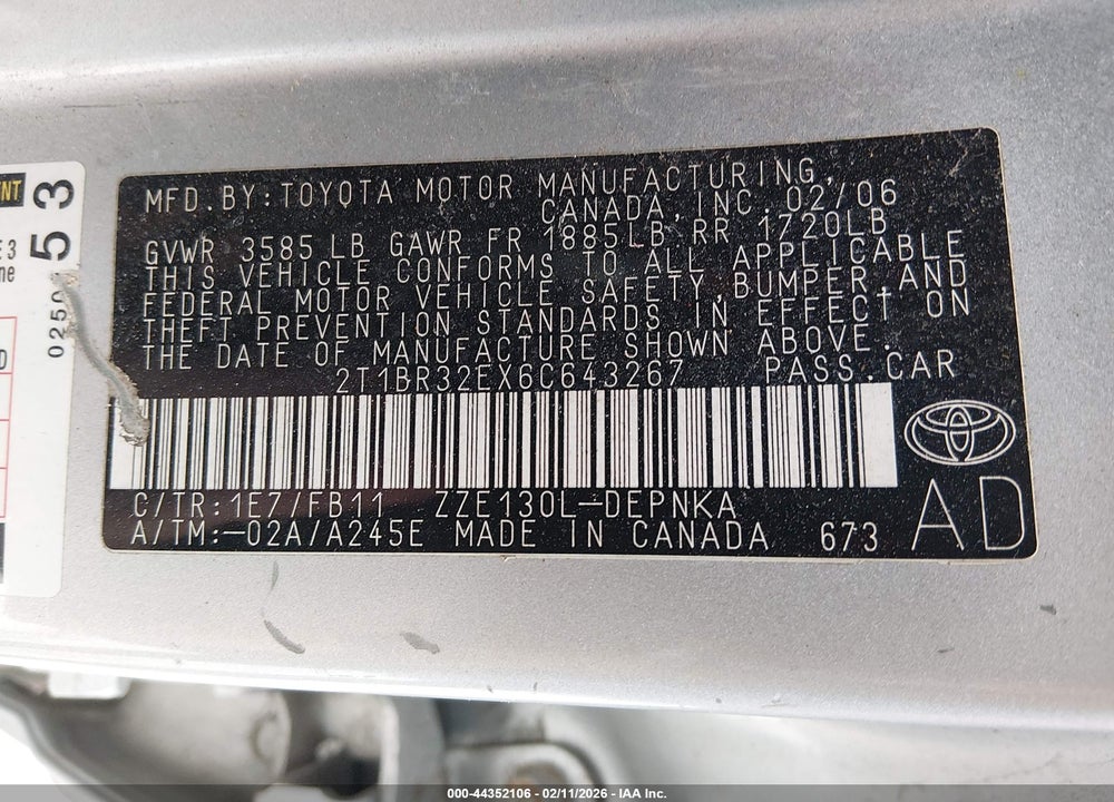2006 TOYOTA COROLLA LE VIN: 2T1BR32EX6C643267