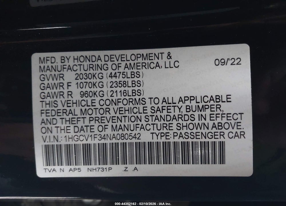 2022 HONDA ACCORD SPORT VIN: 1HGCV1F34NA080542