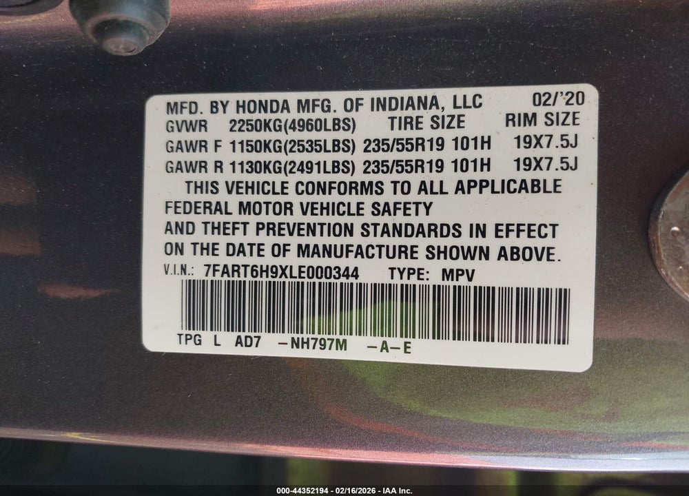 2020 HONDA CR-V HYBRID TOURING VIN: 7FART6H9XLE000344