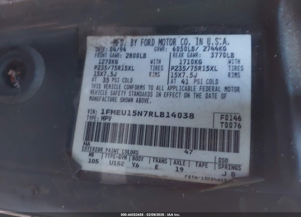 1994 FORD BRONCO U100 VIN: 1FMEU15N7RLB14038