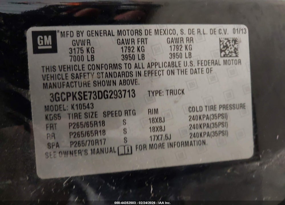 2013 CHEVROLET SILVERADO 1500 LT VIN: 3GCPKSE73DG293713