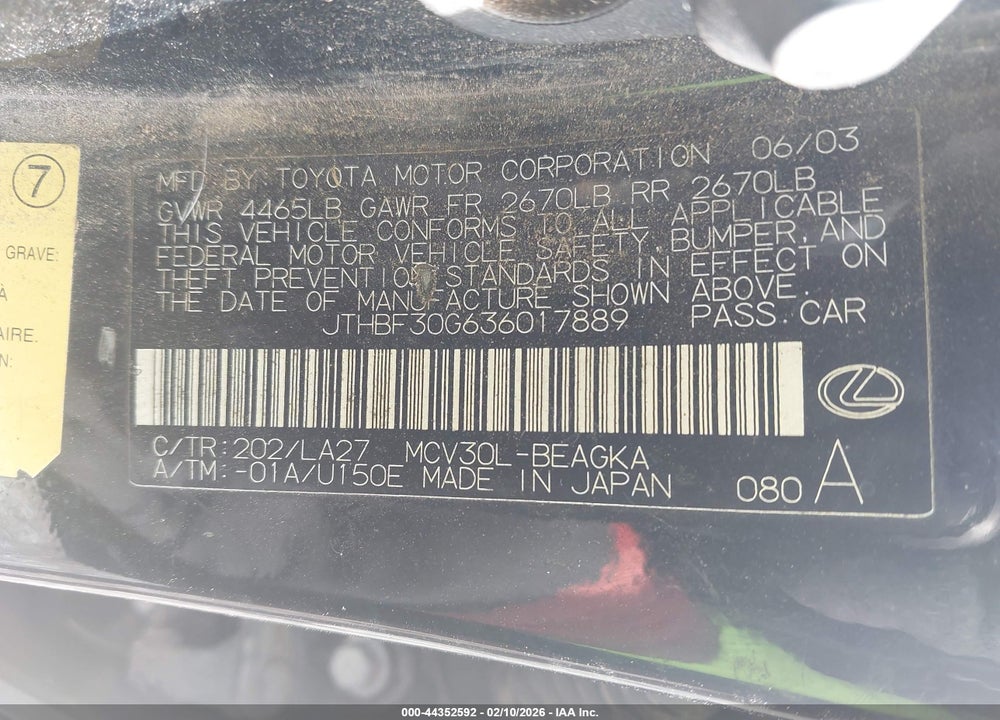 2003 LEXUS ES 300 VIN: JTHBF30G636017889