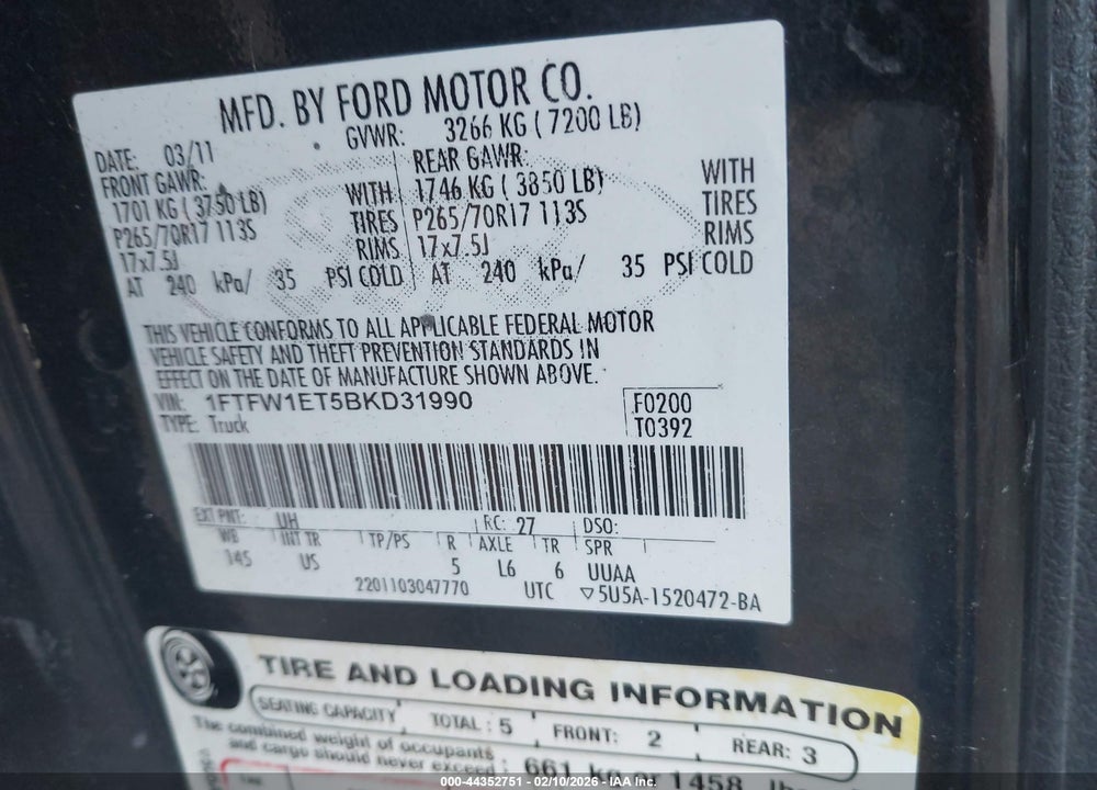 2011 FORD F-150 XLT VIN: 1FTFW1ET5BKD31990