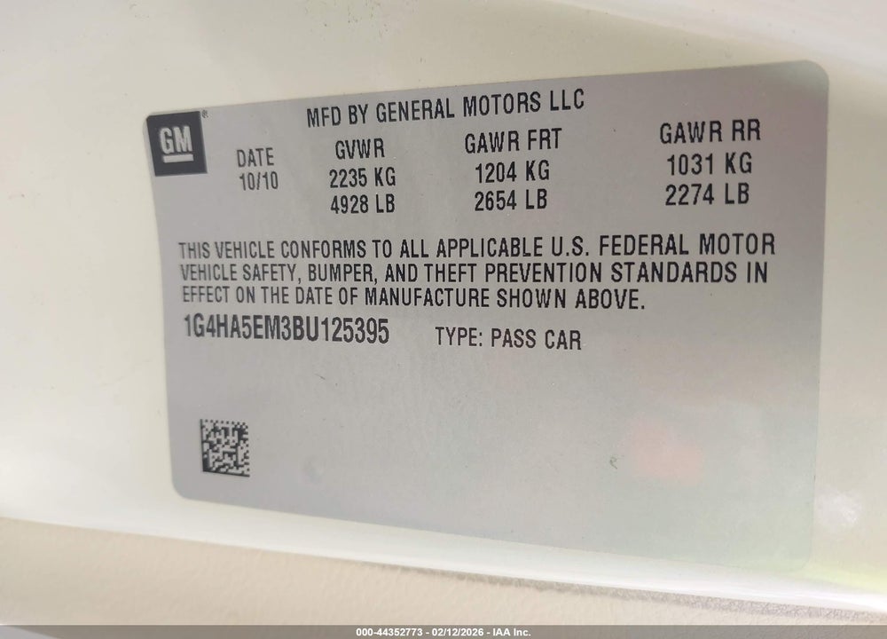2011 BUICK LUCERNE CX VIN: 1G4HA5EM3BU125395