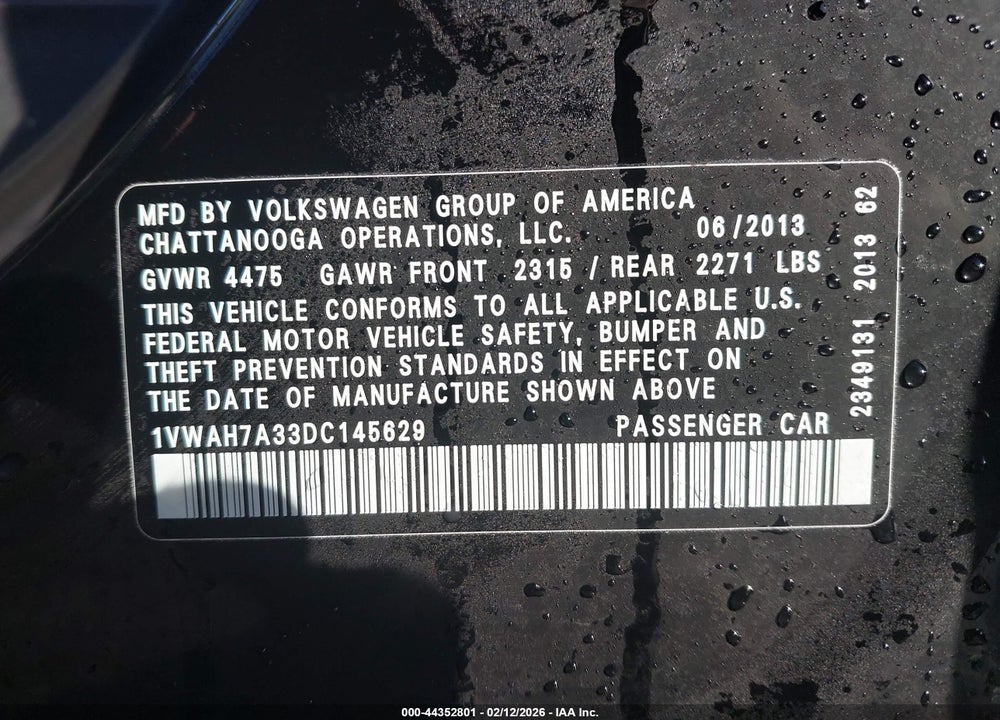 2013 VOLKSWAGEN PASSAT 2.5L WOLFSBURG EDITION VIN: 1VWAH7A33DC145629