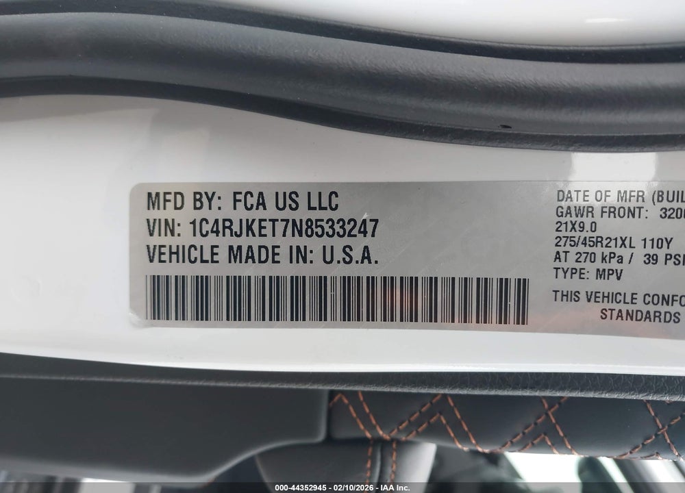 2022 JEEP GRAND CHEROKEE L SUMMIT RESERVE 4X4 VIN: 1C4RJKET7N8533247