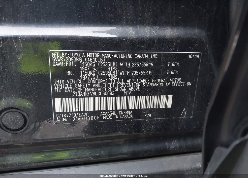 2020 TOYOTA RAV4 XLE PREMIUM VIN: 2T3A1RFV8LC060683