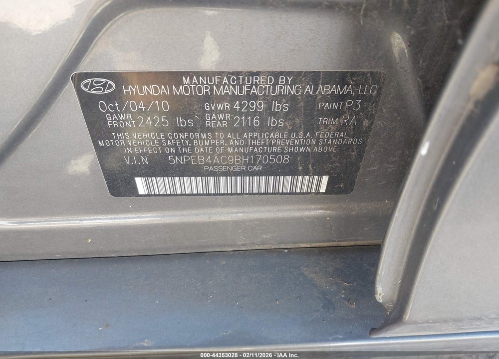 2011 HYUNDAI SONATA GLS VIN: 5NPEB4AC9BH170508