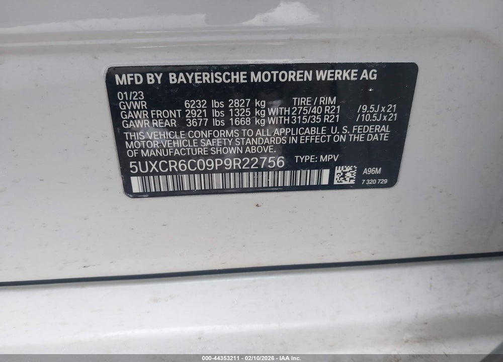 2023 BMW X5 XDRIVE40I VIN: 5UXCR6C09P9R22756