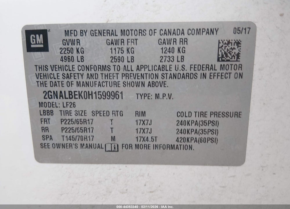 2017 CHEVROLET EQUINOX LS VIN: 2GNALBEK0H1599961