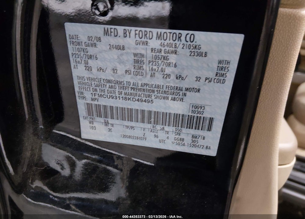 2008 FORD ESCAPE XLT VIN: 1FMCU93118KD49495