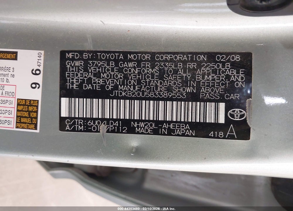 2008 TOYOTA PRIUS TOURING VIN: JTDKB20U583389553