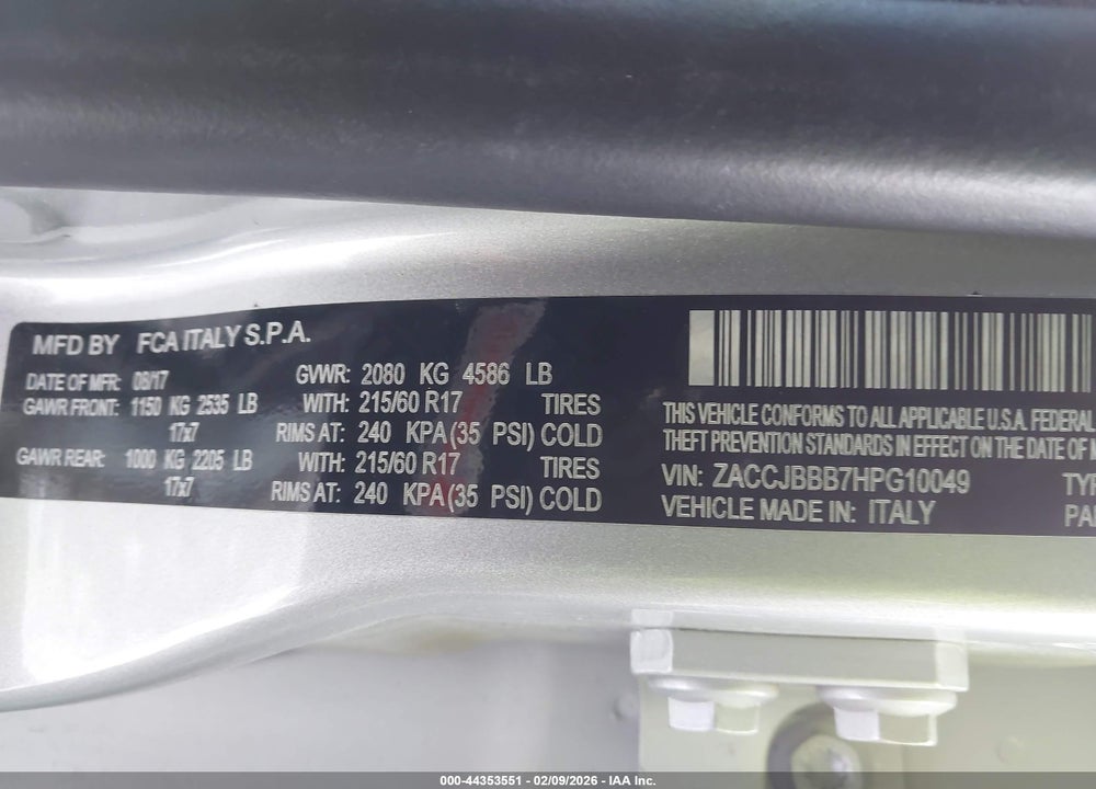 2017 JEEP RENEGADE LATITUDE 4X4 VIN: ZACCJBBB7HPG10049