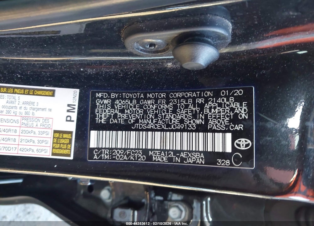 2020 TOYOTA COROLLA SE VIN: JTDS4RCEXLJ049133