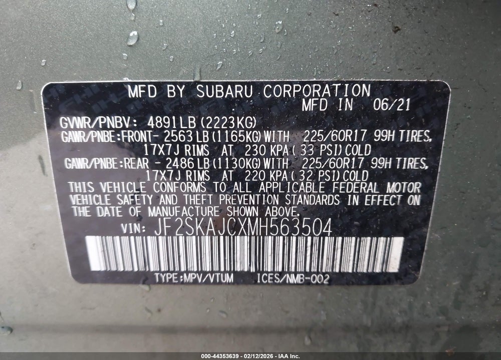 2021 SUBARU FORESTER PREMIUM VIN: JF2SKAJCXMH563504