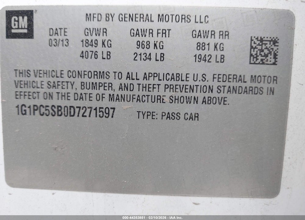 2013 CHEVROLET CRUZE 1LT AUTO VIN: 1G1PC5SB0D7271597