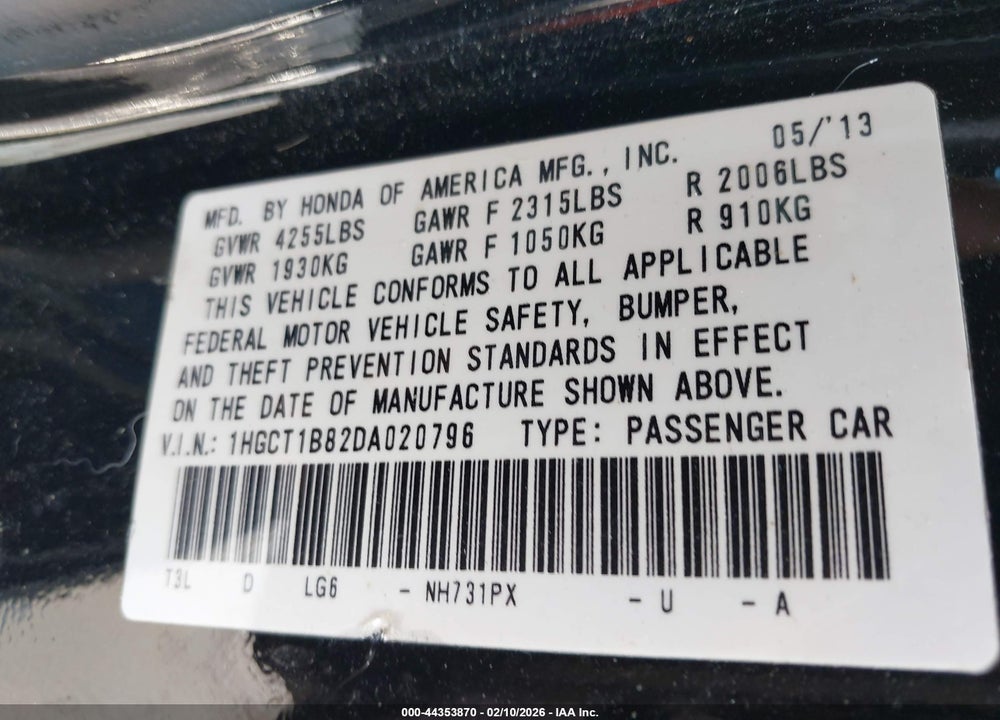 2013 HONDA ACCORD EX-L VIN: 1HGCT1B82DA020796