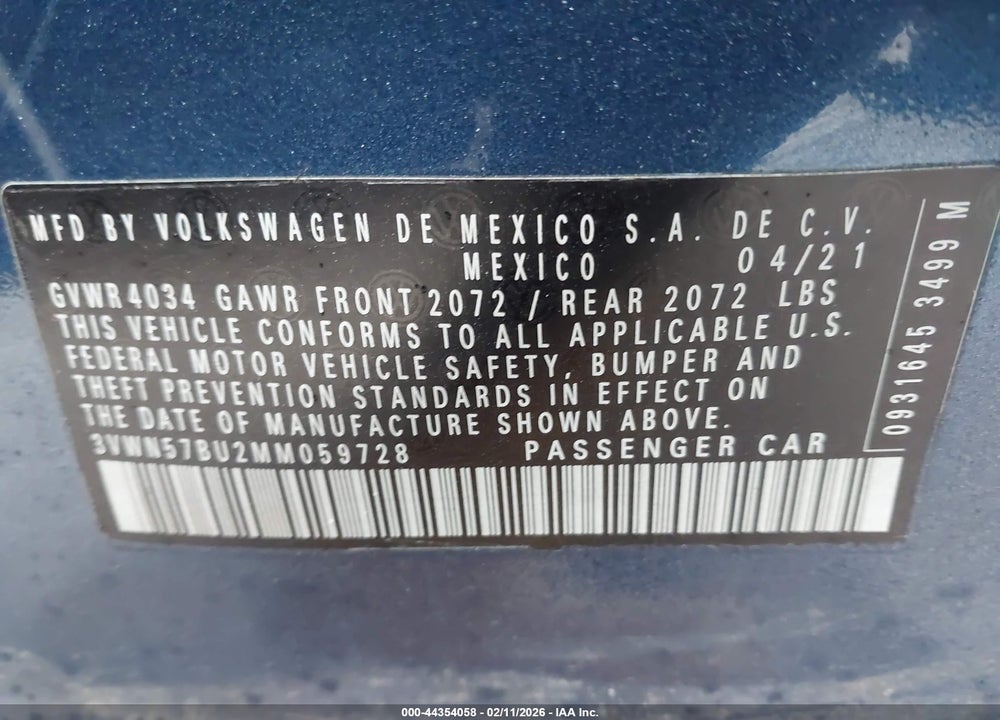 2021 VOLKSWAGEN JETTA S VIN: 3VWN57BU2MM059728