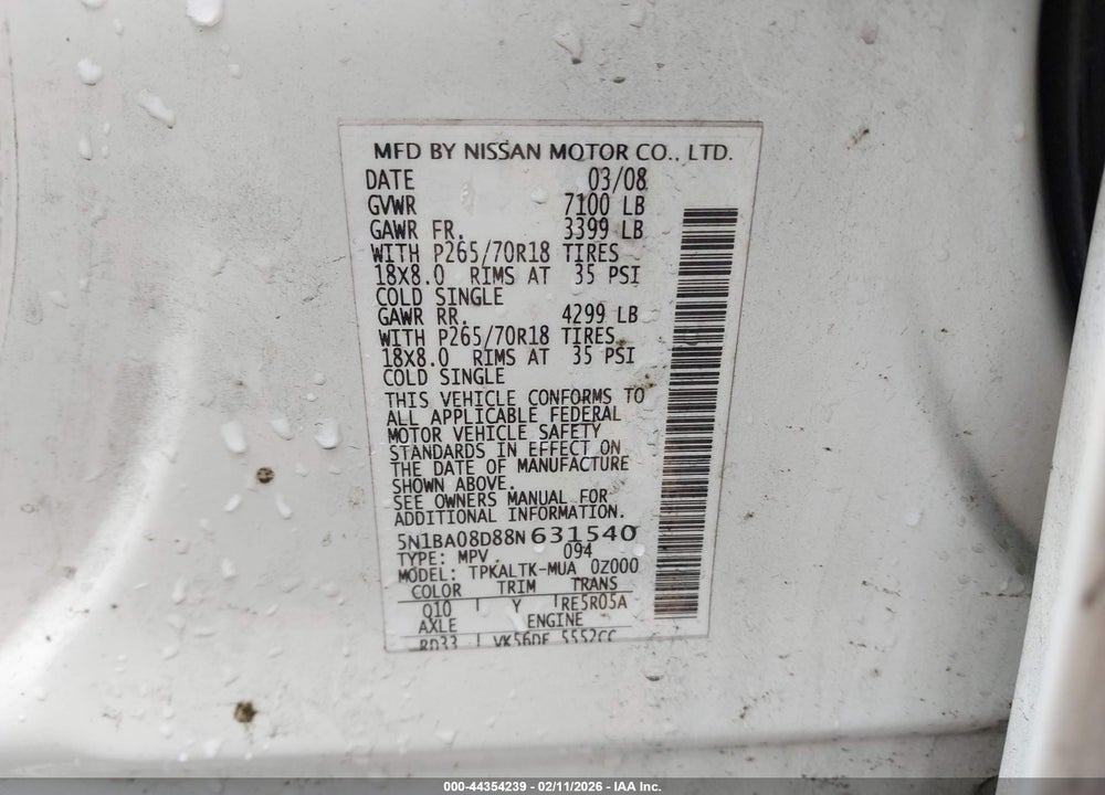 2008 NISSAN ARMADA SE VIN: 5N1BA08D88N631540