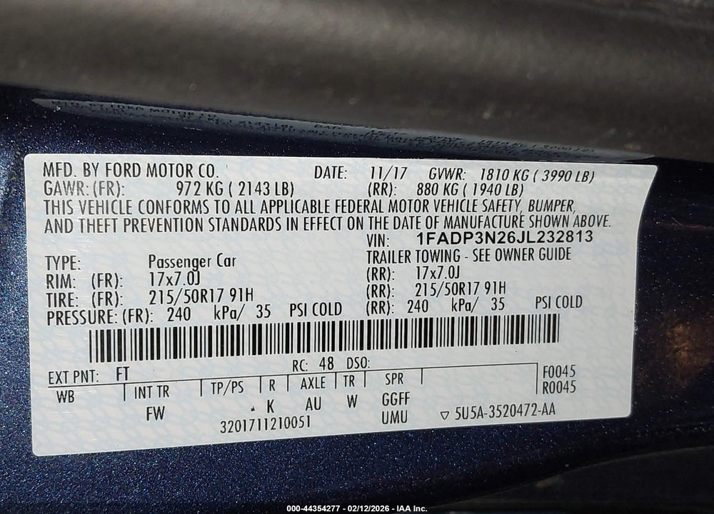 2018 FORD FOCUS TITANIUM VIN: 1FADP3N26JL232813