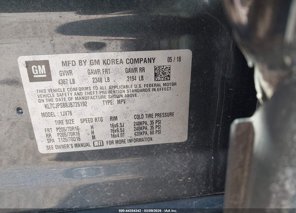 2018 CHEVROLET TRAX LT VIN: KL7CJPSB8JB726192