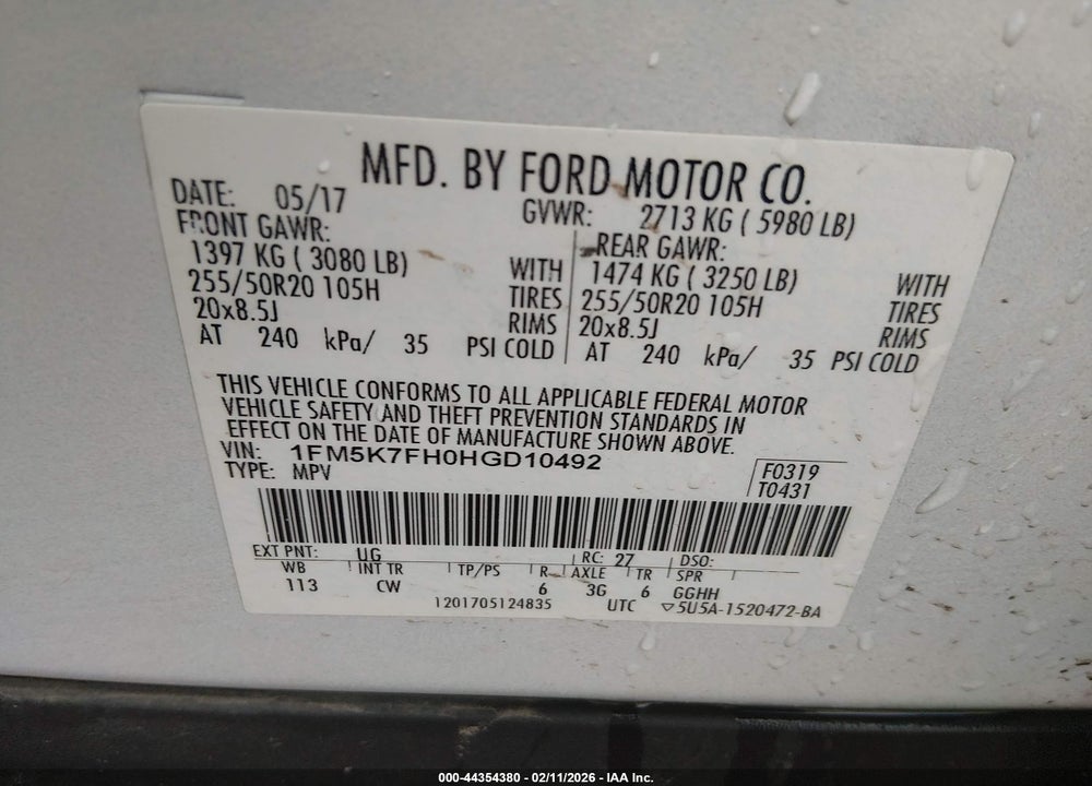 2017 FORD EXPLORER LIMITED VIN: 1FM5K7FH0HGD10492