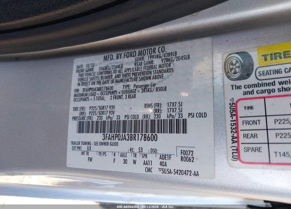 2011 FORD FUSION SEL VIN: 3FAHP0JA3BR178600