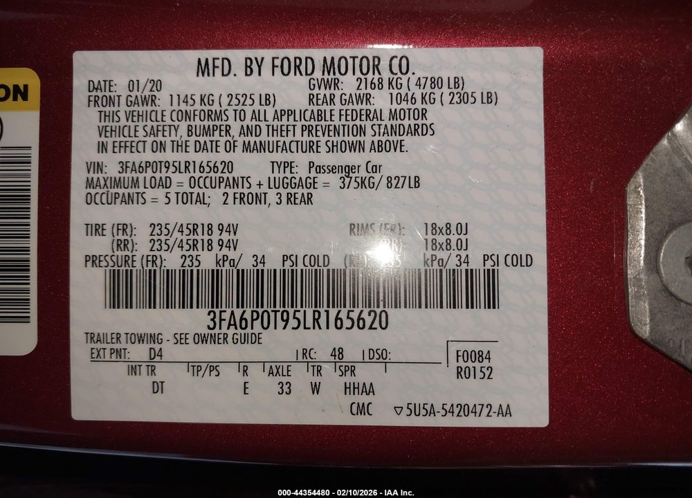 2020 FORD FUSION SE VIN: 3FA6P0T95LR165620