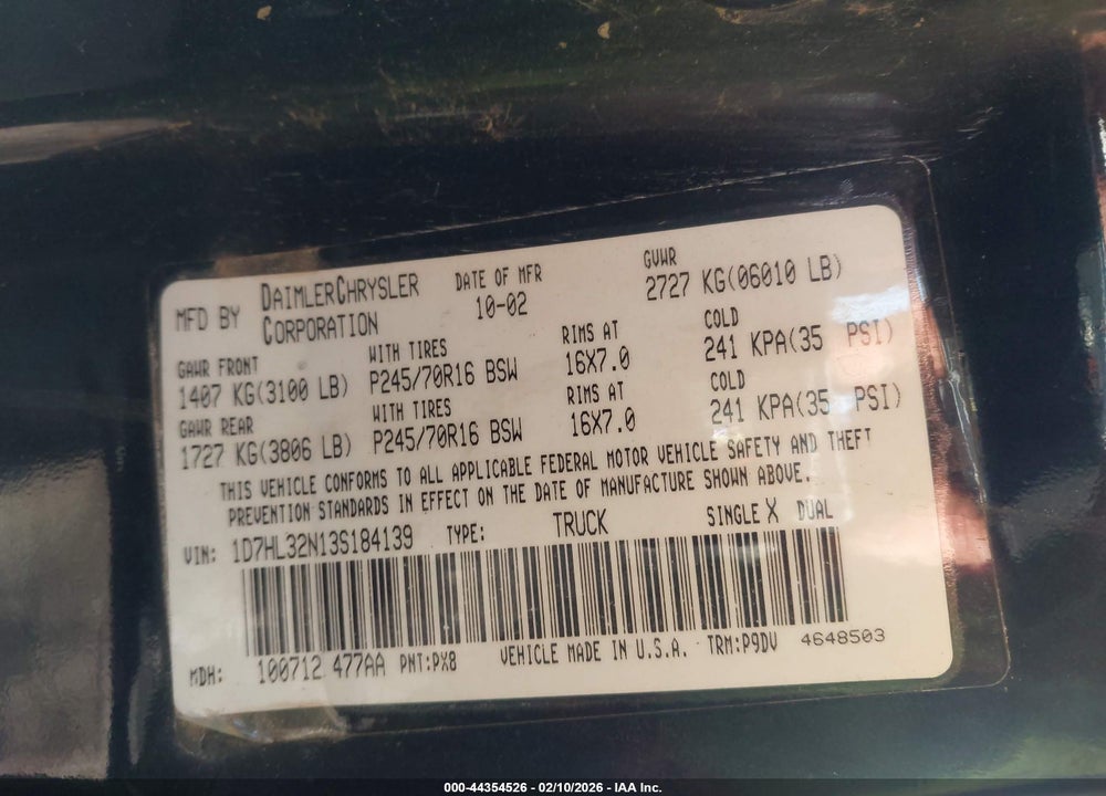 2003 DODGE DAKOTA SPORT VIN: 1D7HL32N13S184139