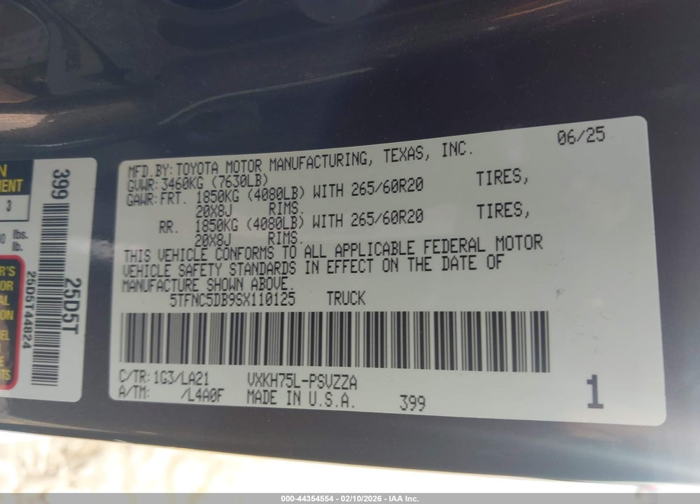 2025 TOYOTA TUNDRA HYBRID PLATINUM HYBRID CREWMAX 5.5' BED VIN: 5TFNC5DB9SX110125