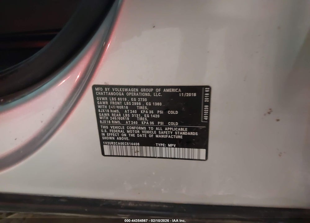 2019 VOLKSWAGEN ATLAS 3.6L V6 SE W/TECHNOLOGY VIN: 1V2UR2CA0KC514406
