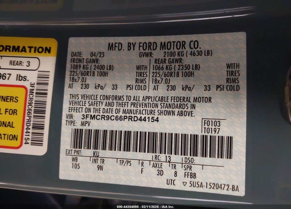 2023 FORD BRONCO SPORT VIN: 3FMCR9C66PRD44154